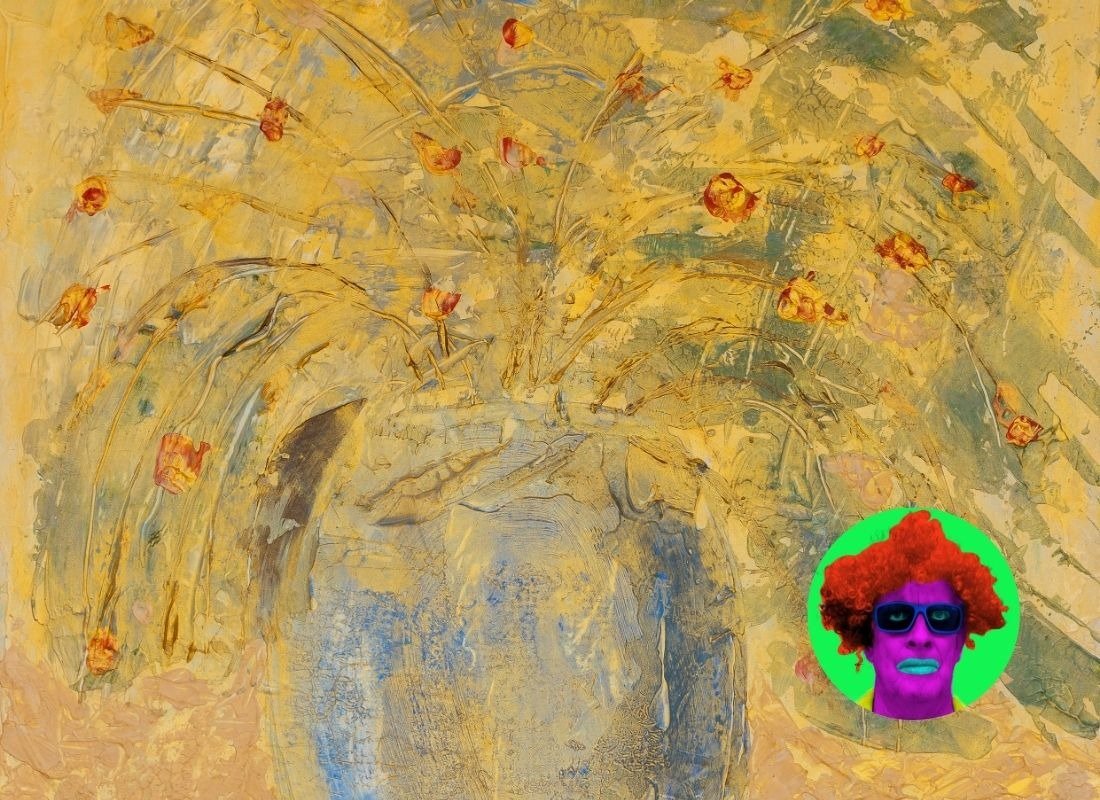 Artwork by Alan Mason in the Ignite exhibition, with a portrait of the artist