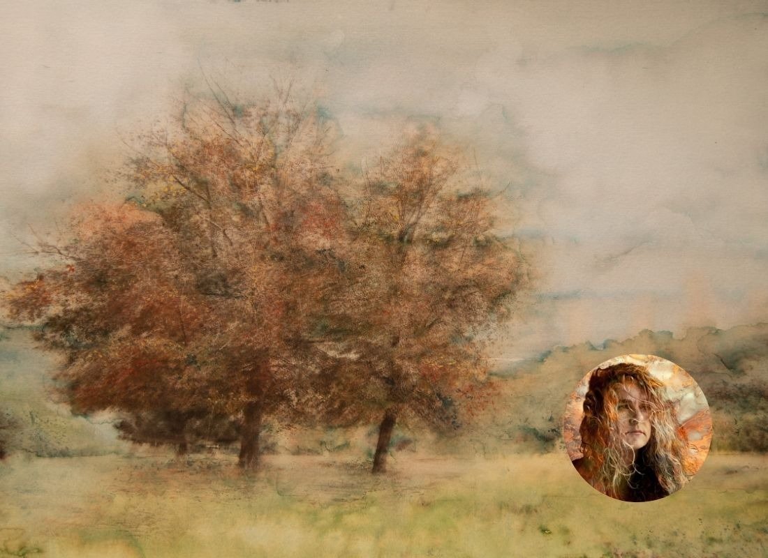 Artwork by Gill Mager in the Ignite exhibition, with a portrait of the artist