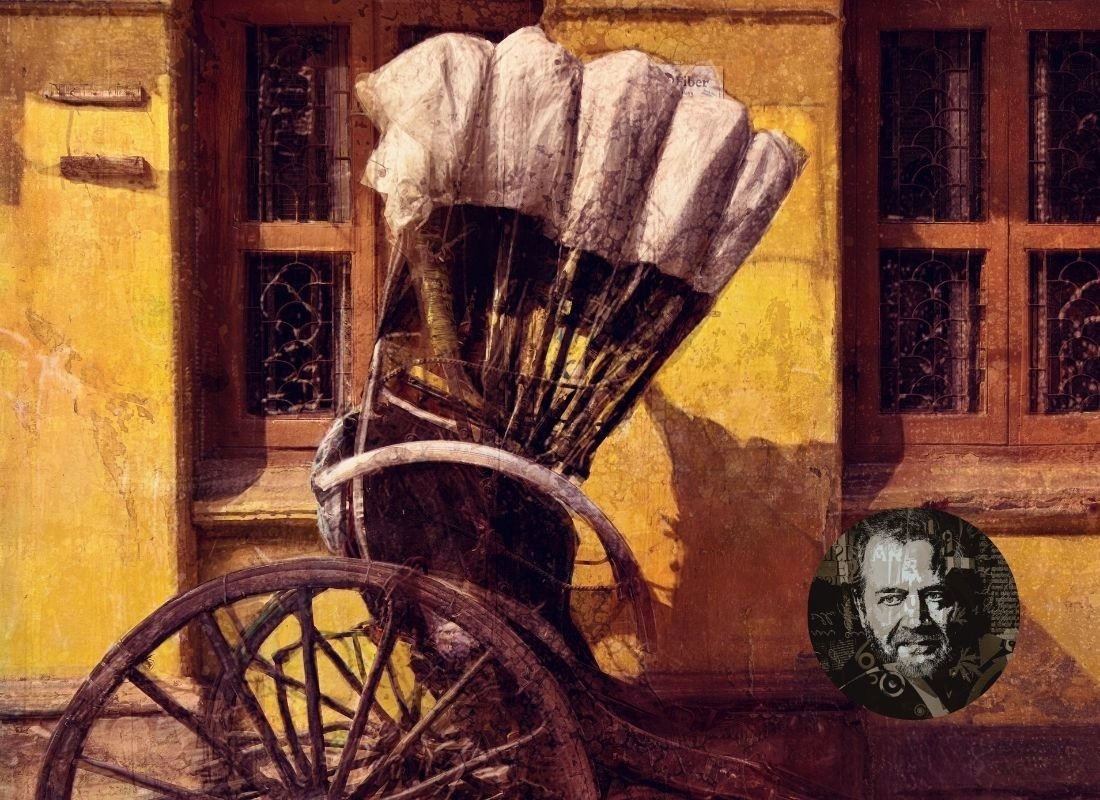 Artwork by Detlev Bock in the Ignite exhibition, with a portrait of the artist