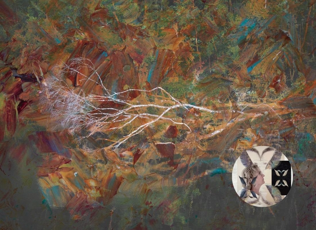Artwork by Ann Baret in the Ignite exhibition, with a portrait of the artist