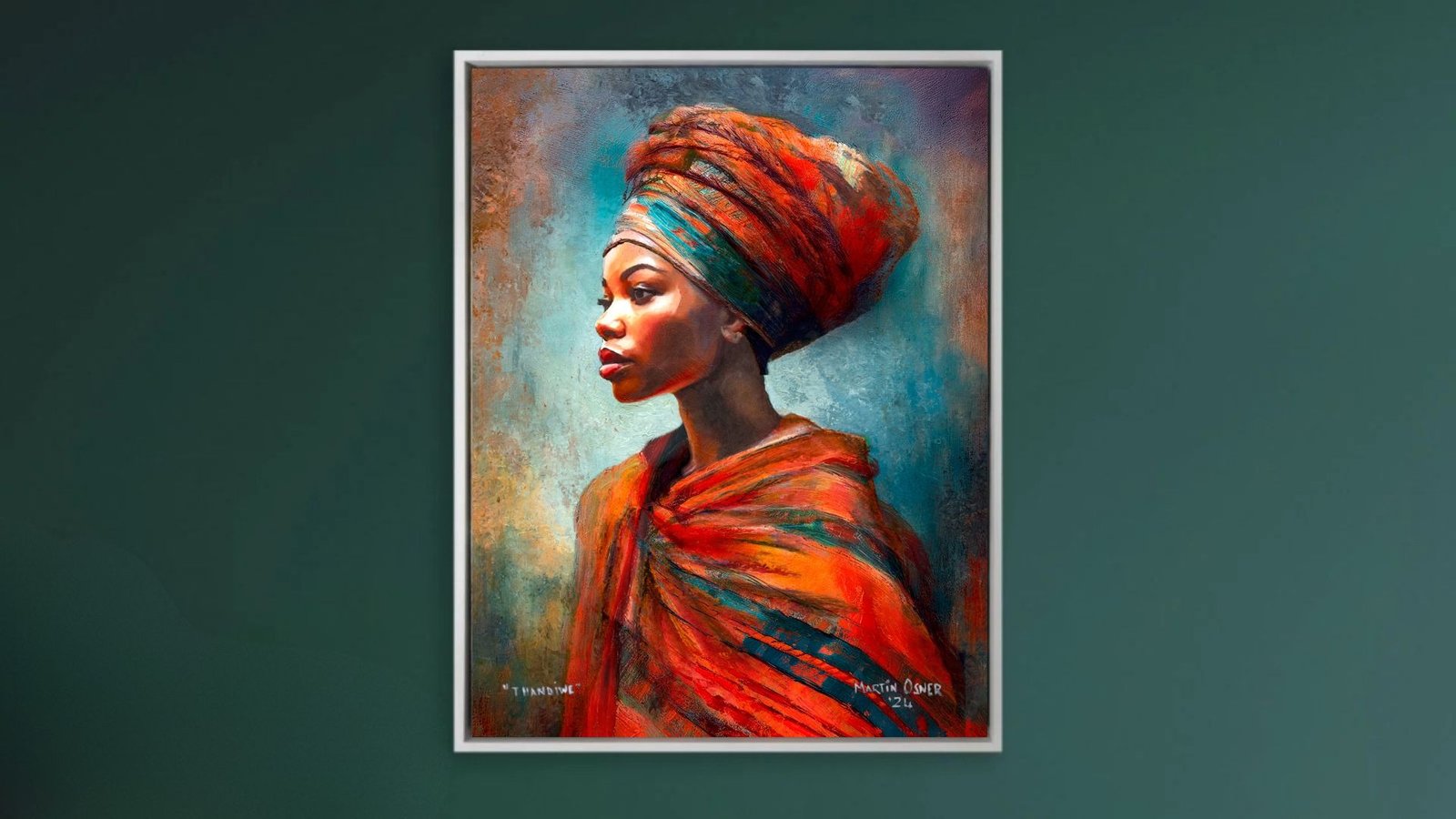 A framed portrait from Martin Osner’s African Queen collection on a dark green wall