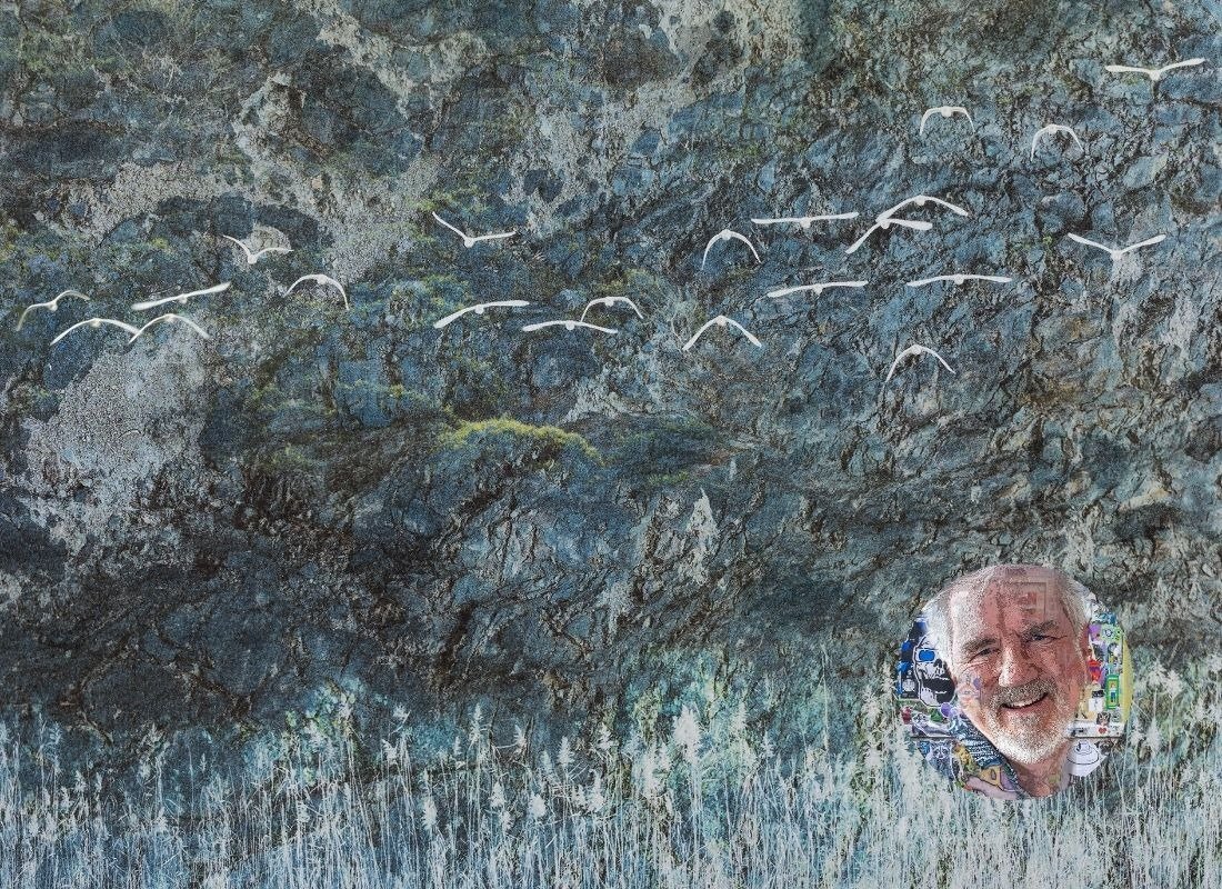 Artwork by Steve Trimby in the Ignite exhibition, with a portrait of the artist