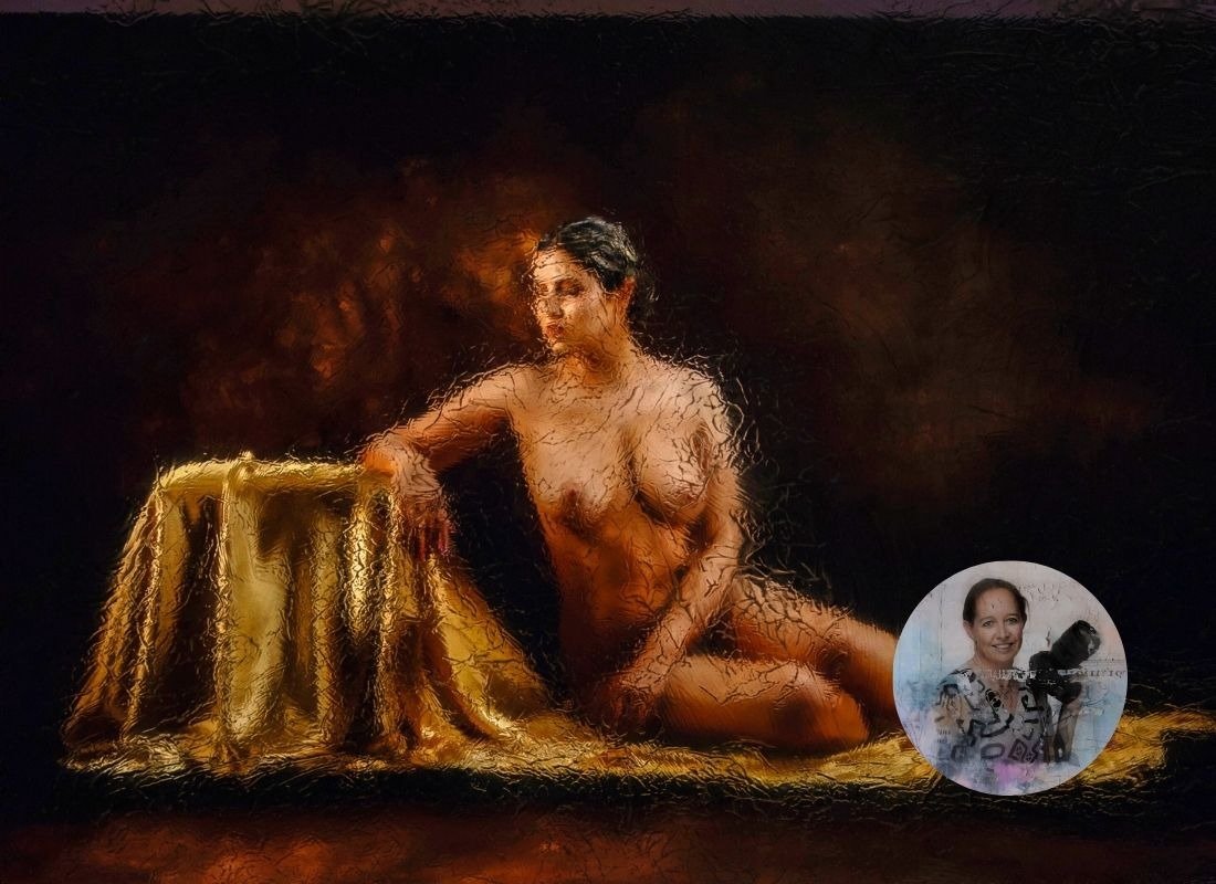 Artwork by Mia Joubert in the Ignite exhibition, with a portrait of the artist