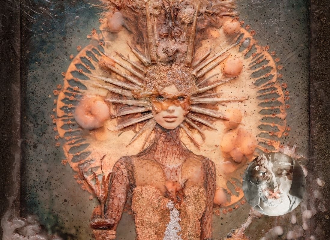 Artwork by Lize du Plessis in the Ignite exhibition, with a portrait of the artist