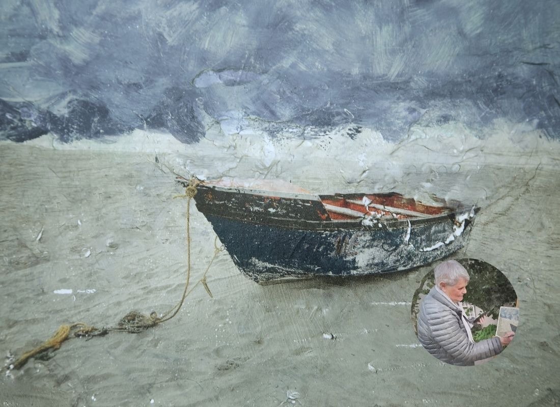 Artwork by Jean Bradshaw in the Ignite exhibition, with a portrait of the artist