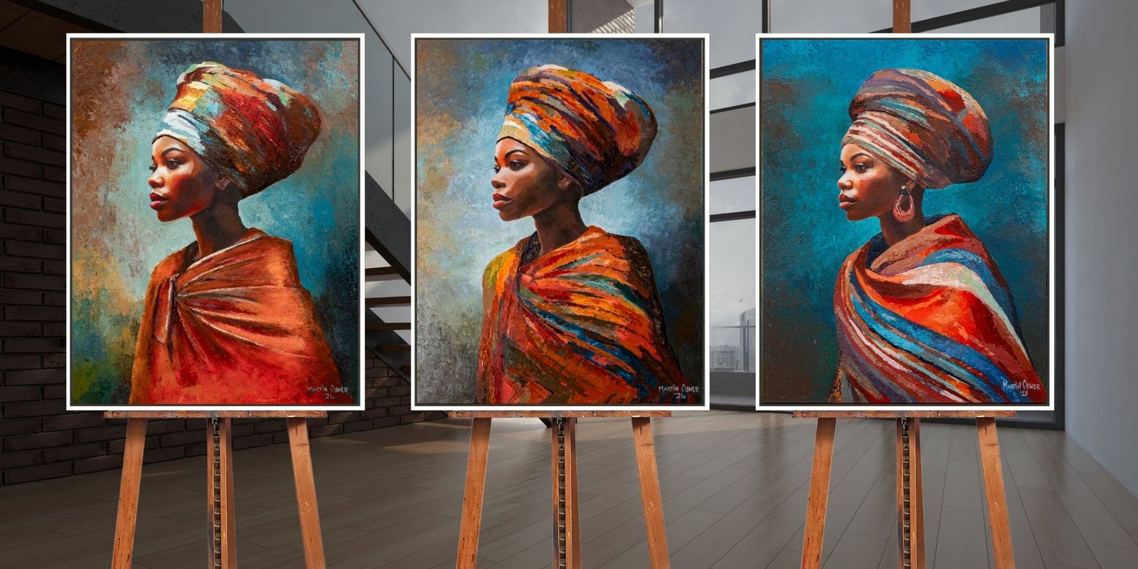 Three African Queen portraits by Martin Osner standing on easels in a bright room