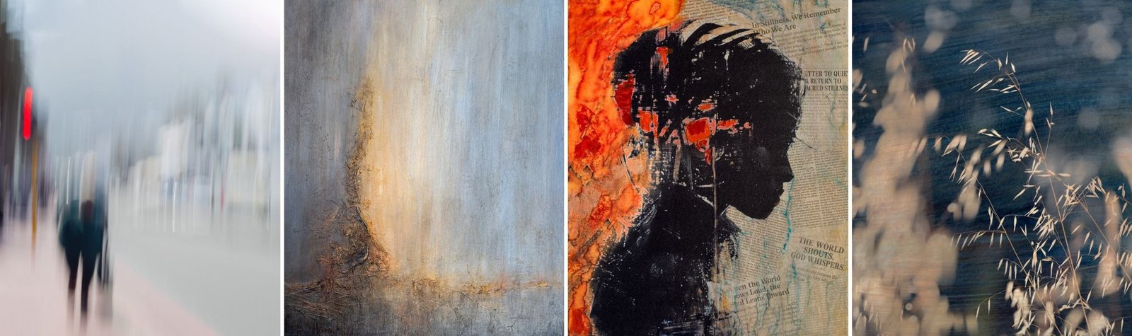 A row of paintings, mixed media and photographs by Martin Osner and Samantha Lee Osner