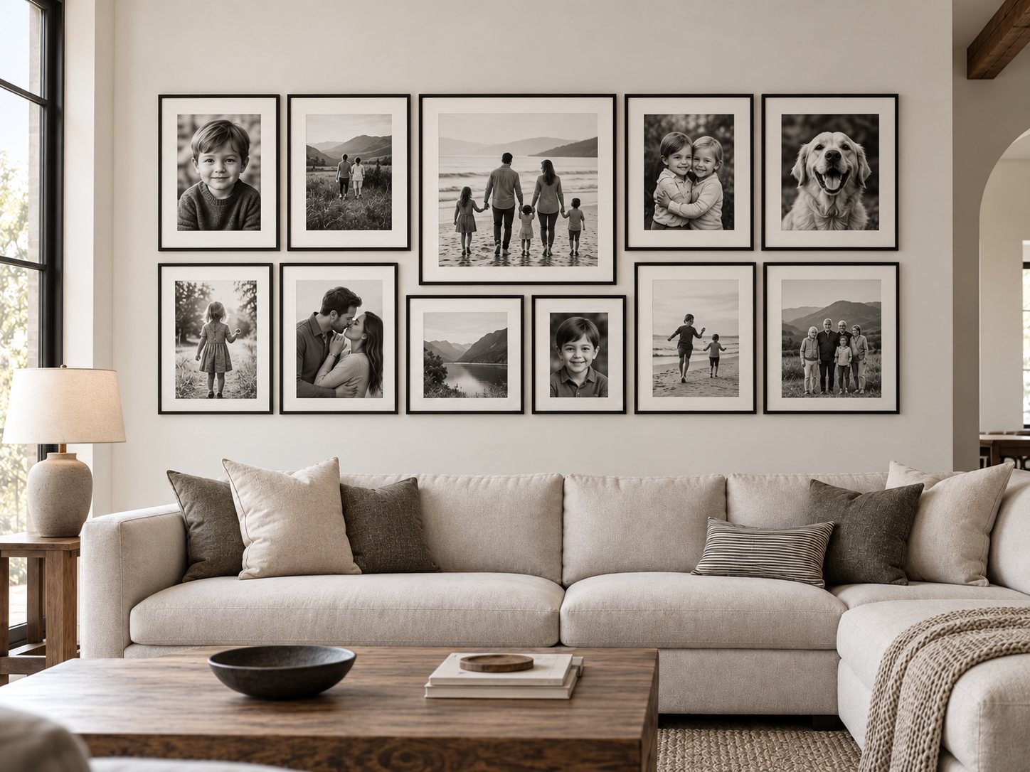 Example of a wall of framed family photographs above a lounge sofa