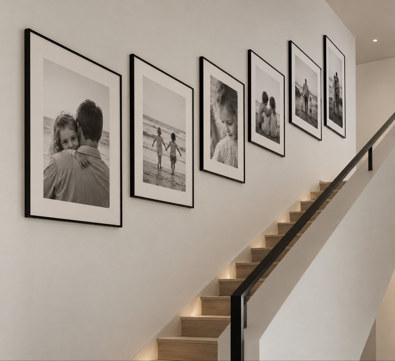 Example of framed black and white family photographs hung up a staircase