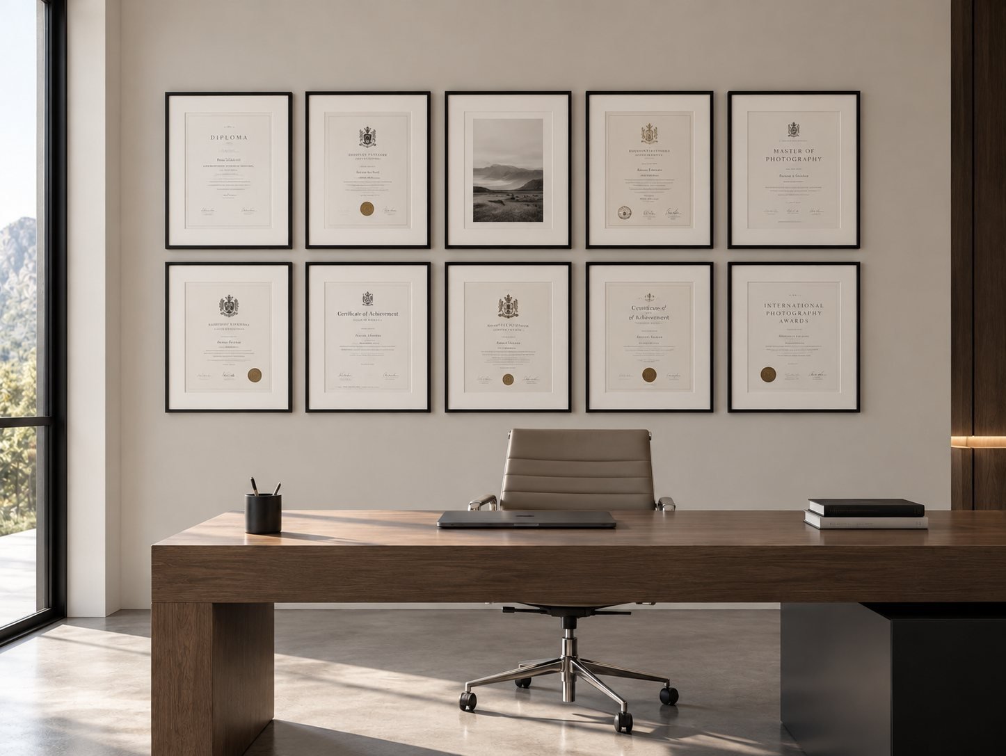 Example of ten matching framed certificates on a wall above a desk