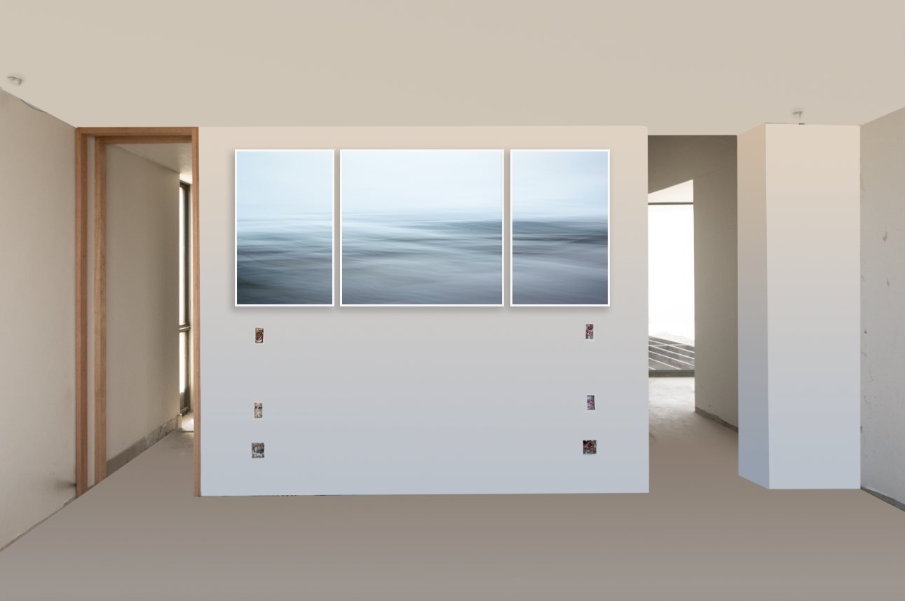 A mock-up of a three panel seascape on a bedroom wall in a house still under construction