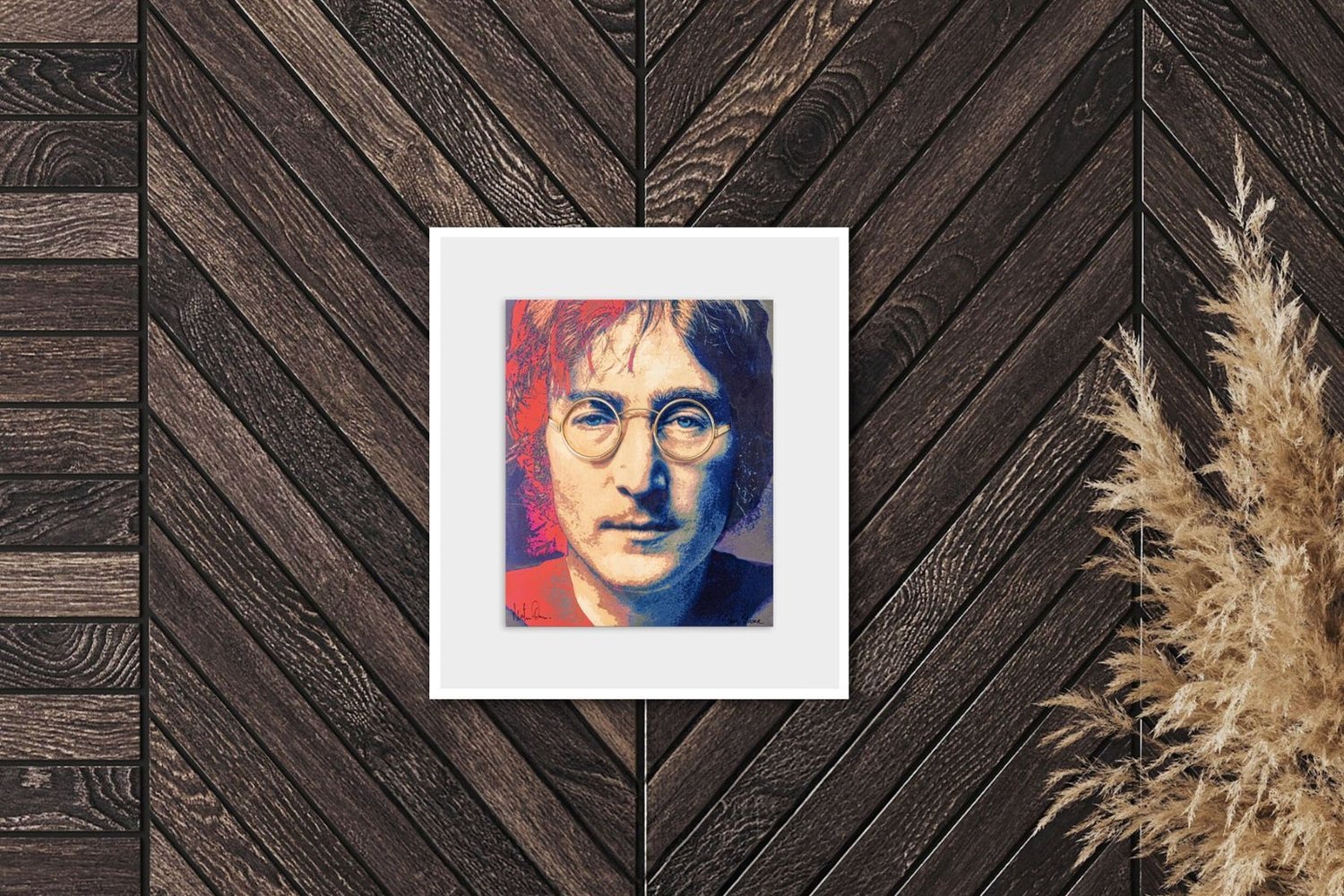 Golden Vision, a pop art portrait of John Lennon, framed on a dark timber wall