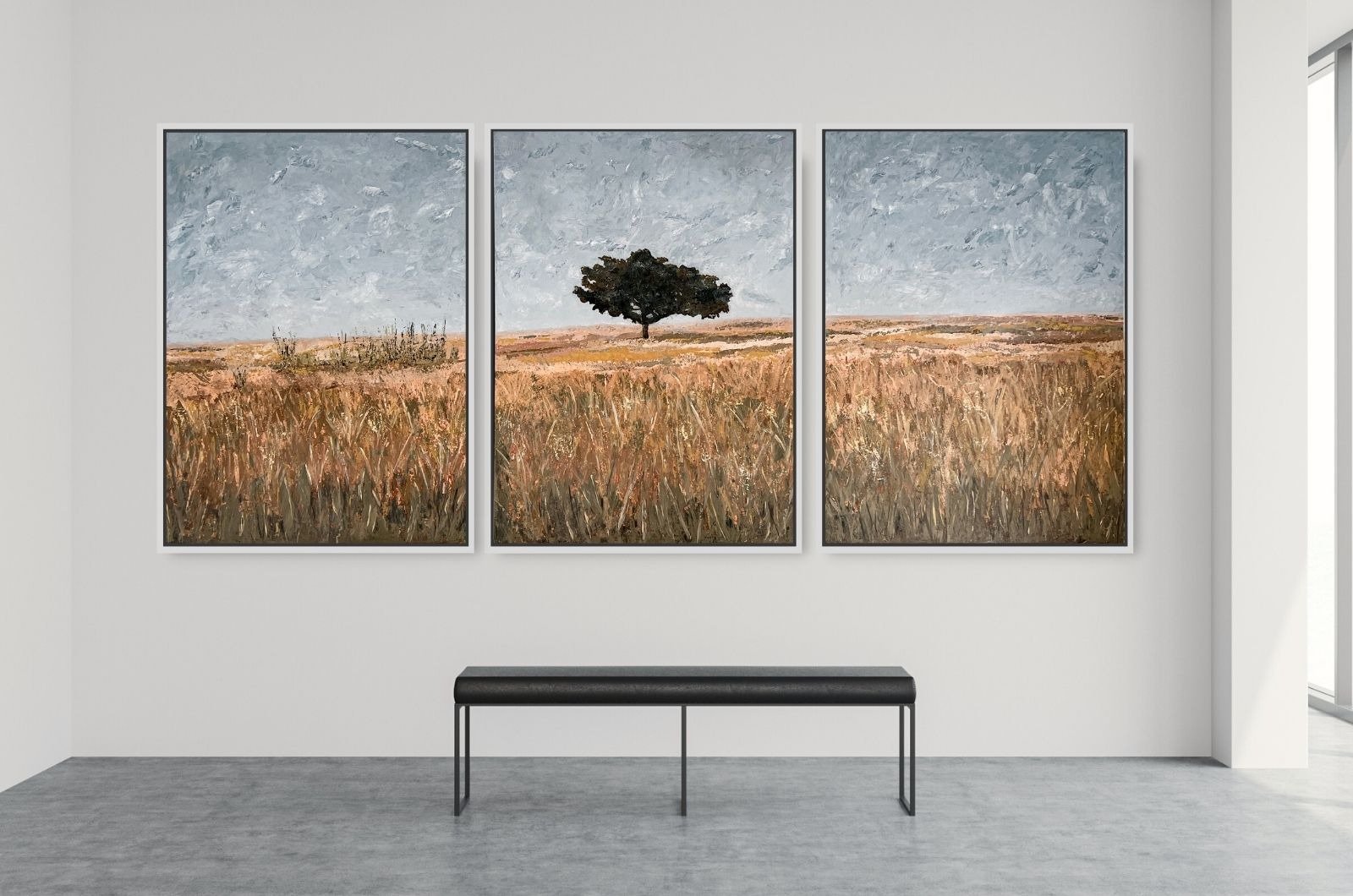 Valley of Solitude, a three panel painting of a lone tree on the veld by Martin Osner