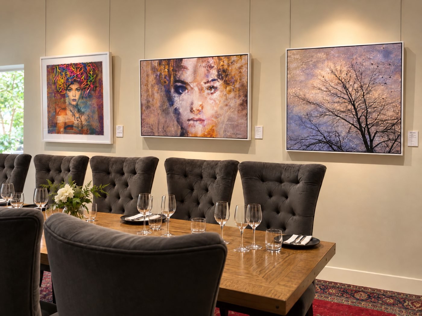 Paintings above a dining table in the Bloupunt Winery restaurant, Montagu