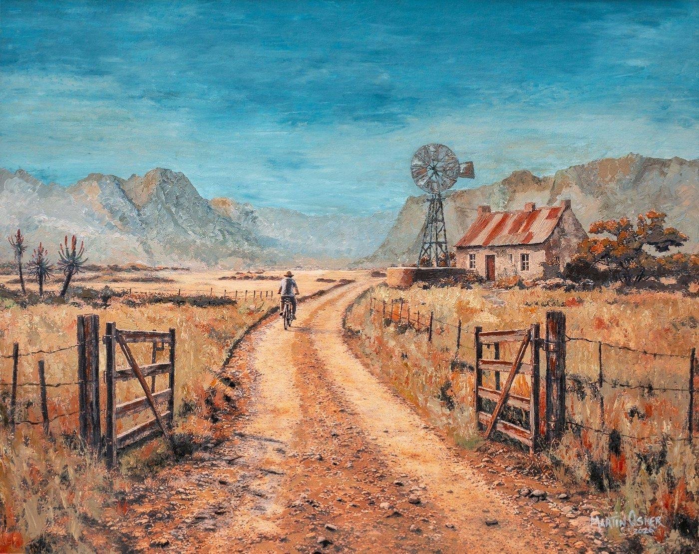 Fields of Gold, a painting by Martin Osner of a farm road and windmill outside Montagu