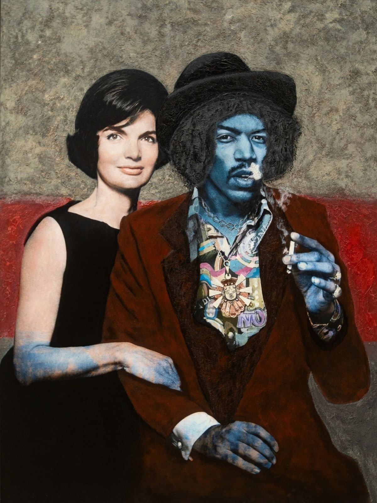 Jackie and Jimmy, a mixed media double portrait on a red and grey ground by Martin Osner