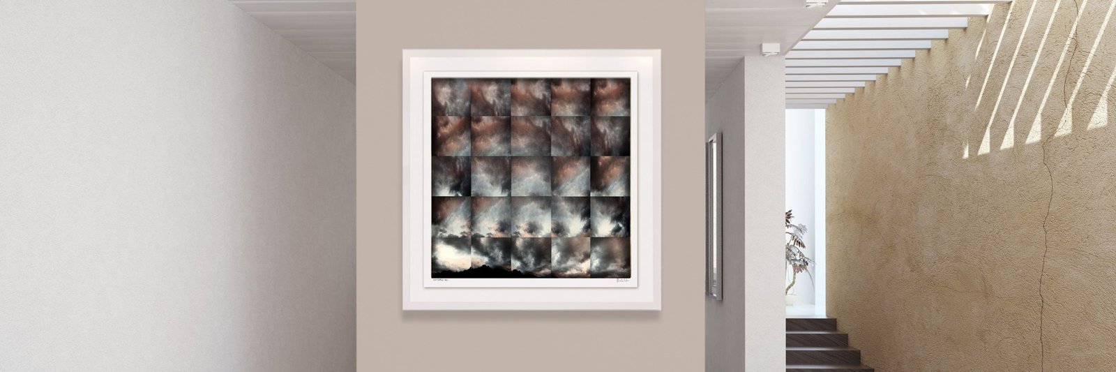 A framed abstract photographic collage by Martin Osner in a modern interior