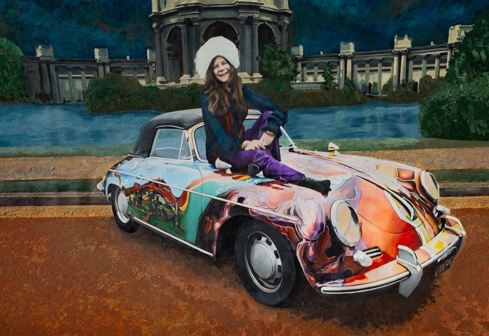 Janis Joplin seated on her painted Porsche at night, a painting by Martin Osner